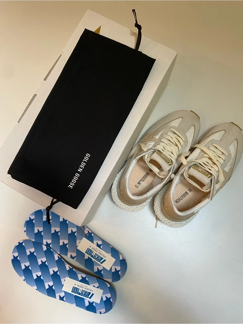 Golden Goose Women’s Marathon Sneaker in White Beige Nylon/Gray sz 36 New in Box